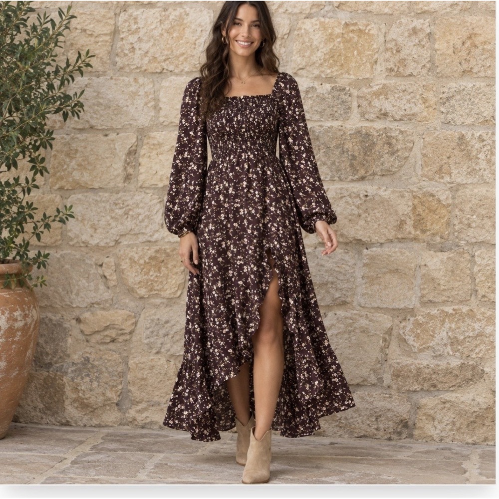 Francesca's Dress LongSleeve XS-S Floral Brown Smocked High Low Boho Cottagecore